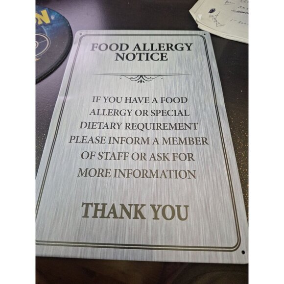 Other - Food Allergy Notice Metal Tin Sign 8" x 12" Kitchen Restaurant Allergy Warning